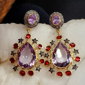 Sterling Silver 925/14kt Yellow Gold/Rhodium Earrings Diamond Amethyst